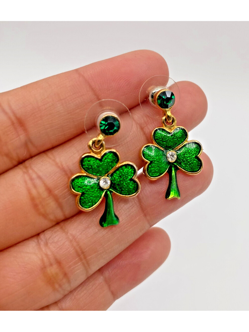 St. Patrick's Day Green Enamel Shamrock Dangling Earrings Gold Tone Crystals